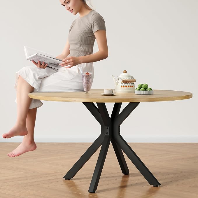 Soohow 47.2" Solid Wood Round Dining Kitchen Table for 4-6 People with Intersecting Pedestal Base