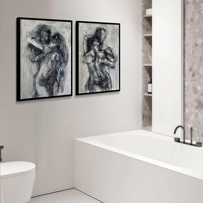 2Pcs Framed Black and White Bathroom Canvas Wall Art Abstract Nude Prints Couple Modern Gallery Style Painting Pen sketch Posters Decorations Bedroom Living Room Bathroom 12x16 Inch Ready to Hang