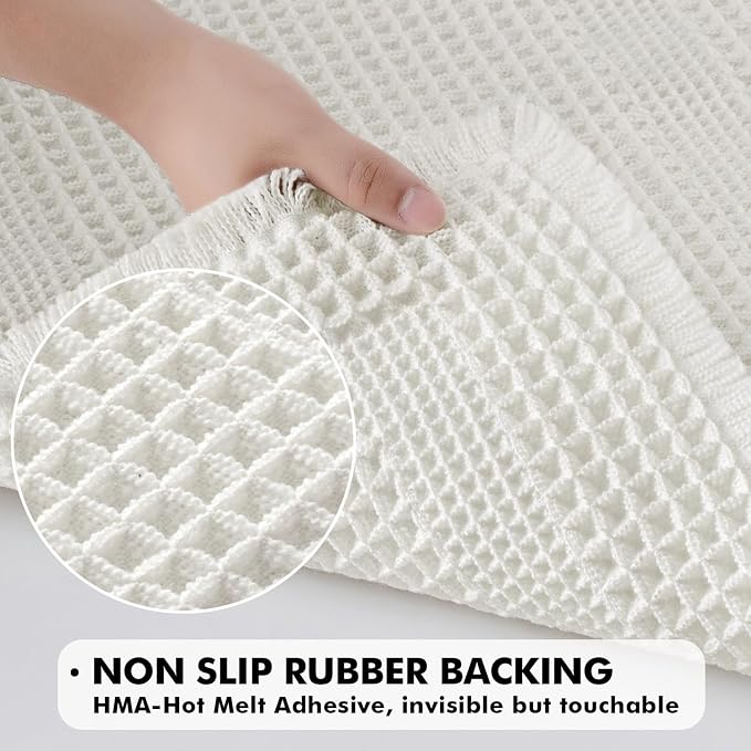MIULEE Set of 2 Waffle Bathroom Rugs, Boho Bath Rug Super Absorbent, Non Slip Washable Ultra Soft Rubber Backed Shower Bath Mats for Floor, Tub, Shower, Looped Design, White, 17x24 Inch