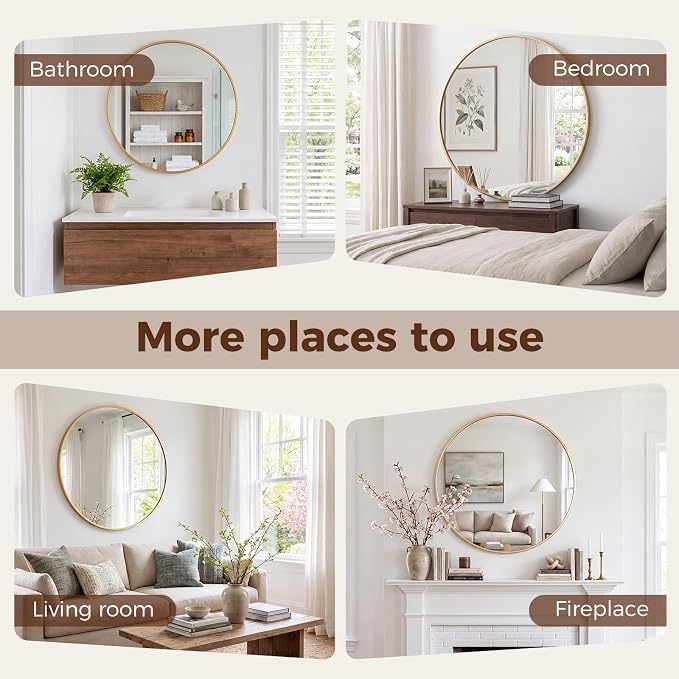 NEWBULIG 24 Inch Round Wall Mirror, Bathroom Mirrors for Over Sink, Matte Metal Framed Circle Vanity Mirror, Wall Decor for Bedroom, Anti-Rust, Tempered Glass, Hanging or Leaning, Classic Gold