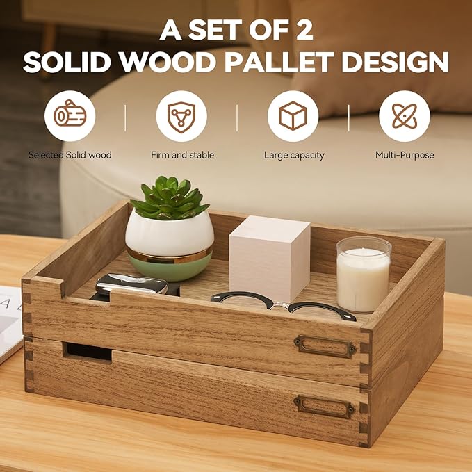 KIRIGEN Wood Desk Organizer Set of 2, Stackable Paper Tray with Metal Label Holders, Natural Wooden Letter Trays for Office Desktop, Mail, Files, Folders and Classroom Papers, Brown 2TTP-DBR