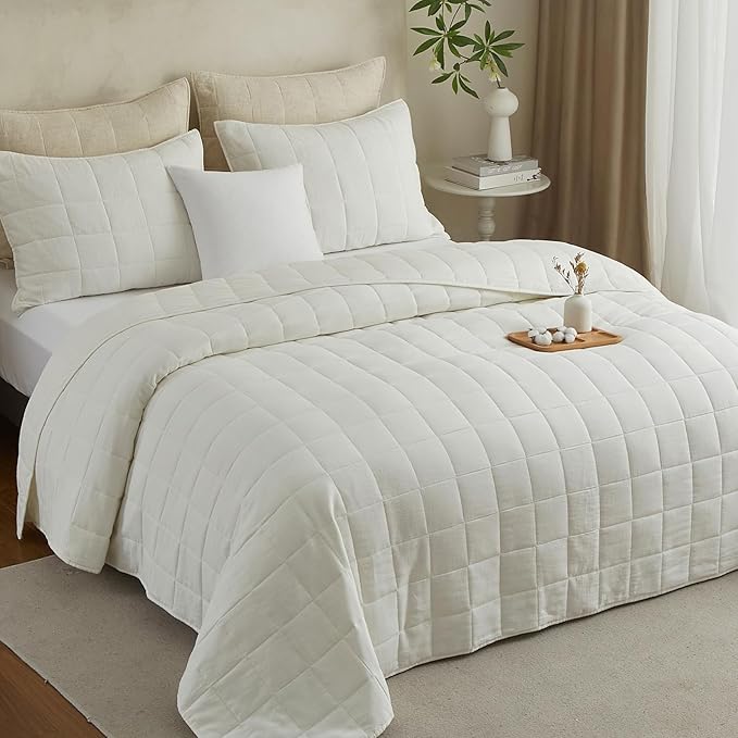 Powdion 100% Linen Quilt Queen, Box Stitch French Linen Front Cotton Back Bedding, Pre-Washed Vintage Western Coverlet Bedding Set for All Season, Oversized 3 Pieces White Quilt Bedspread