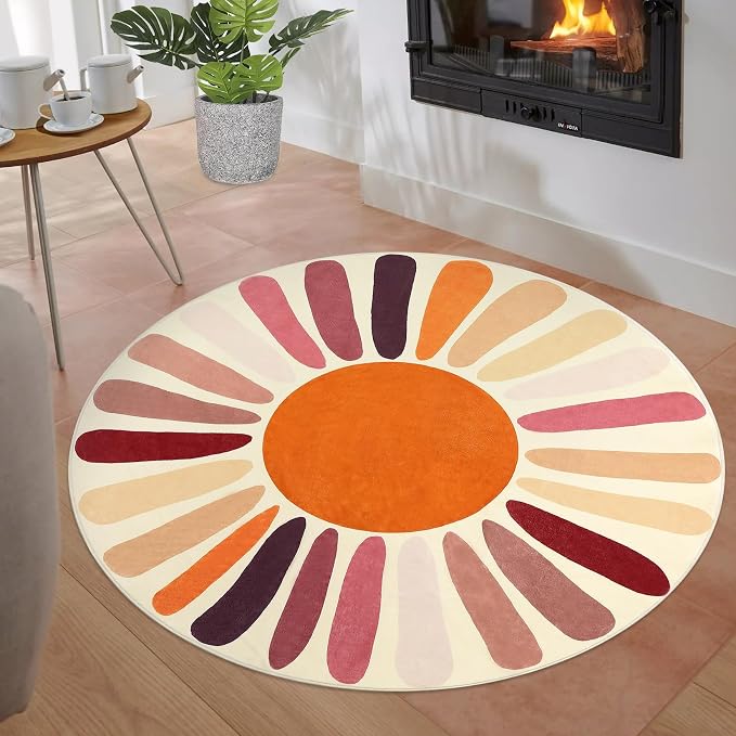 Garvee Round Area Rugs 3Ft, Washable Cute Sun Print Nursery Rug, Low Pile Non Slip Circle Rug for Bedroom Kids Room, Accent Rainbow Print Round Carpet for Classroom Playroom, Colorful Brown
