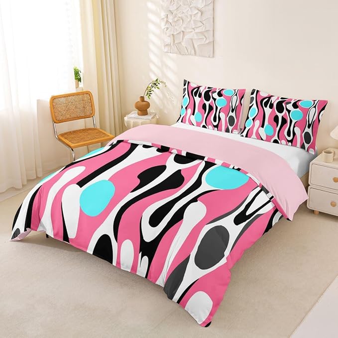 Mid Century Modern Abstract Duvet Cover Set Vintage Geometric Girl Toddler Bedding Set for Preteen Boys Girls Contemporary Organic Shapes Comforter Cover Squiggle Blob Bed Sets,Pink Turquoise