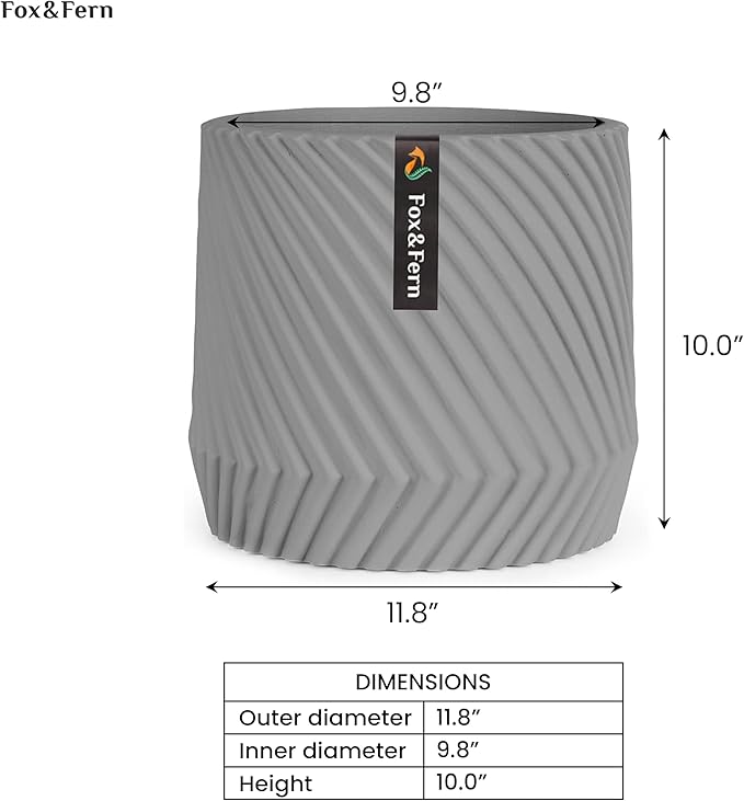 Fox & Fern Large Indoor Planter, Modern Large Plant Pot for Indoor or Outdoor, UV and Frost Resistant - 12 Inch, Polystone, Matte Gray Flower Pot with Drainage Plug, 3D Printed Design
