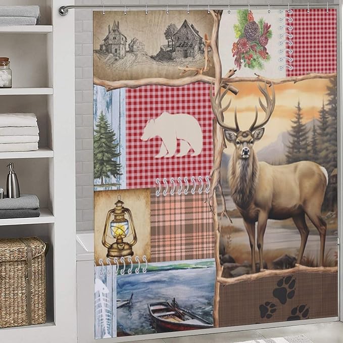 Retro Bear Rustic Shower Curtain, Farmhouse Country Antique Moose Bear Forest Vintage Wood Hunting Camping Waterproof Shower Curtains for Bathroom Decor 12 Pack Hooks 72x72in (183x183cm)
