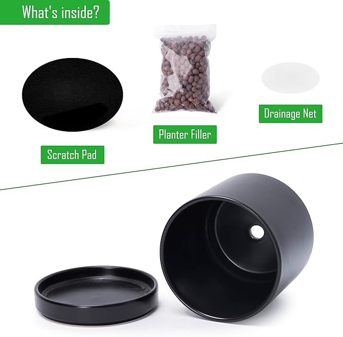 D'vine Dev 6.5 Inch Ceramic Planter Pot with Drainage Hole and Saucer, Indoor Cylinder Round Flower Pot, Black, 94-O-C-2