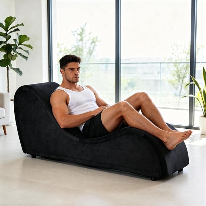 Black Ergonomic Curved Chaise Lounge Chair for Relaxing, Sofa Bench with Heavy-Duty Metal Frame & Removable Velvet Cover
