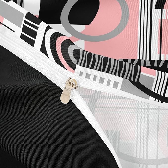 Erosebridal Art Deco Mid Century Duvet Cover Set Retro Modern Abstract Geometric Queen Bedding Set for Child Boys Black and White Pink Circles Stripes Comforter Cover Contemporary Bed Sets