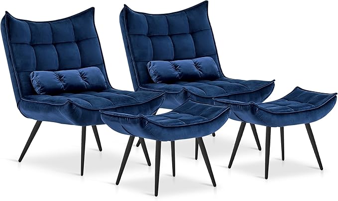 MCombo Accent Chair with Ottoman, Modern Velvet Wingback Lounge Chair, Upholstered Club Chair for Small Space, Living Room & Bedroom 4079 (2, Blue)
