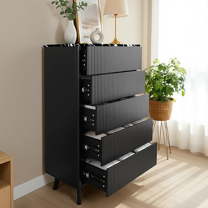 Fluted 5 Drawers Dresser for Bedroom, 47" Tall Handleless Chest of Drawers with Faux Marble Top, Curved Profile Design, Wood Drawer Organizerfor forLiving Room, Hallway, Entryway, Black