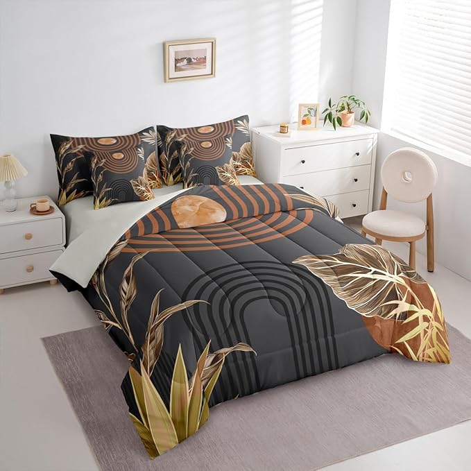 Erosebridal Boho Vintage Bed in A Bag 7 Pcs Mid Century Aesthetic Comforter Set for Women Men Retro Tropical Abstract Bedding Sets King Minimalist Simple Arch Sun Plant Sheet Set with Comforter