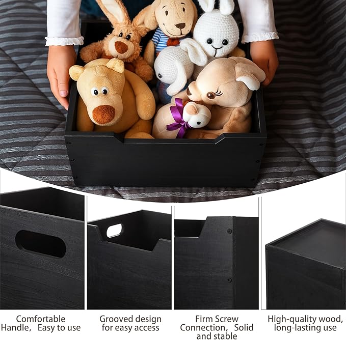 Colingmill 2 Pack Wooden Storage Box Bins Wood Crate with Open Front Stackable Cube Storage Organizer Bins for Books Records Home Pantry Clothes Toy Closet (11 Inch,Black)