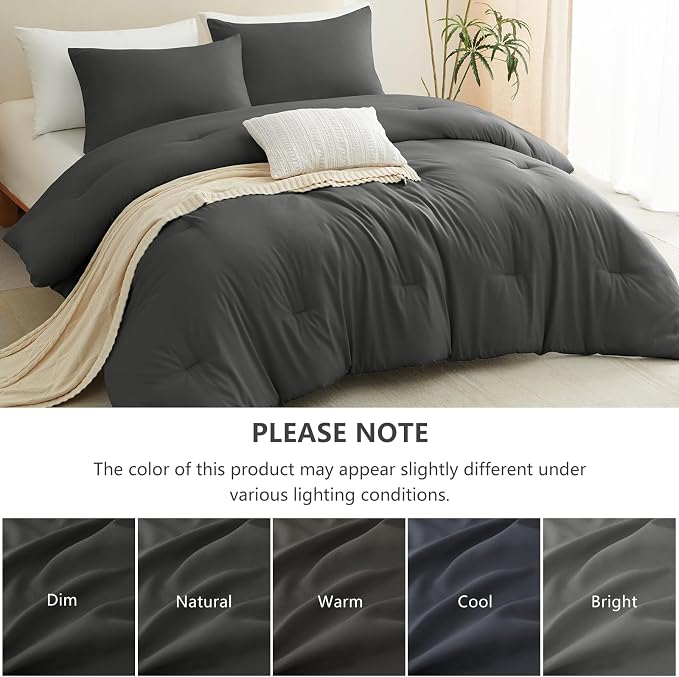 CozyLux California King Comforter Set Dark Grey, 3 Pieces Cal King Lightweight Down Alternative Quilted Bedding Sets, Dark Gray All Season Solid Comforter with 2 Pillowcases, Bed Set Gift for Home