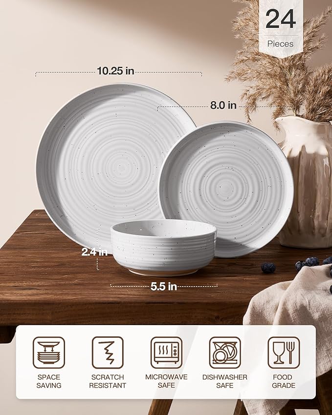 Stoneware Dinnerware Set, Highly Chip and Scratch Resistant Everyday Plates and Bowls for 8 (24pcs), Reactive Glaze Speckled Ceramic Flared Dishes with Gift Box, Microwave Dishwasher Safe, White