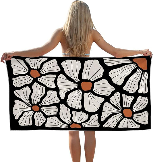 Boho Floral Beach Towel, Boho Floral Bathroom Decor, Retro Abstract Flower Oversized Bath Pool Swim Towels Blanket for Bathroom Travel Swimming Camping Sport, 30x60 Inch