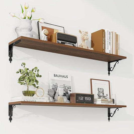 RICHFOCUS Floating Shelves for Wall Decor, 39.4W x 8D Shelves Set of 2, 8 Inch Deep Rustic Wood Shelves Wall Mounted with Brackets, Long Floating Shelves for Living Room Bedroom Kitchen, Walnut