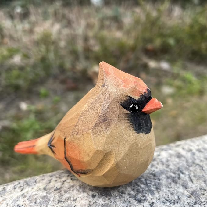 Hand Carved Painted Wooden Birds for Home Decor - Female Cardinal Statue for Bird Lovers, Housewarming, Birthday, Christmas, Anniversaries