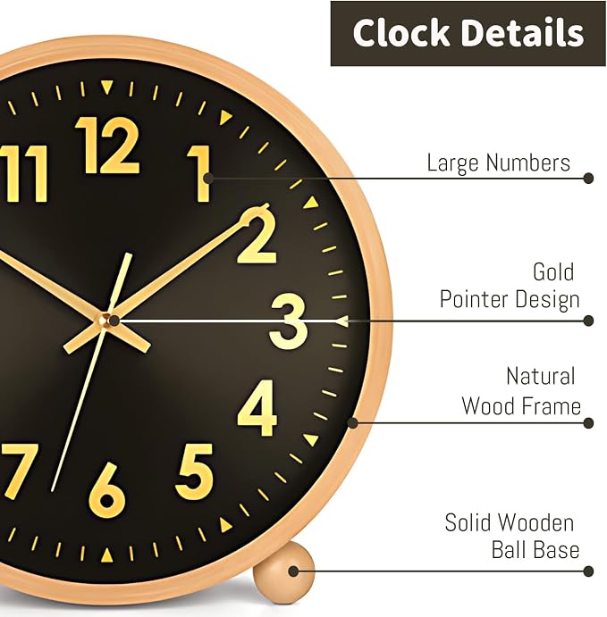 Maxspace Wooden Table Clock,8in Silent Non-Ticking Desk Clock,Battery Operated Desktop Analog Clock for Living Room Office Bedroom Decor (Black Gold - Log, Wooden Ball Base)