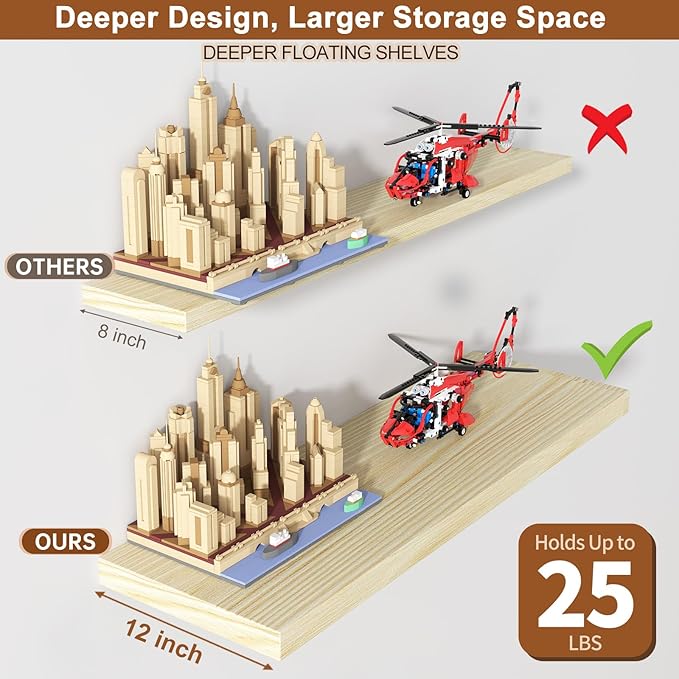 12 Inch Deep Floating Shelves, 36" W x 12" D Wood Floating Shelves for Wall, Large Storage Space Wall Mount Shelf with Invisible Brackets for Living Room Kitchen Bathroom, 1 Pack, Oak