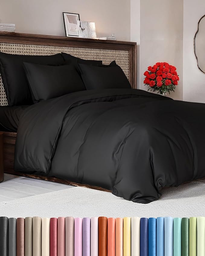 Duvet Cover Full Size - Extra Soft Full Size Duvet Cover - Lightweight, Breathable & Cozy - Easy Care & Fade Free with Zipper Closures & Ties - 80" x 90" Inches - (Black) Comforter Not Included