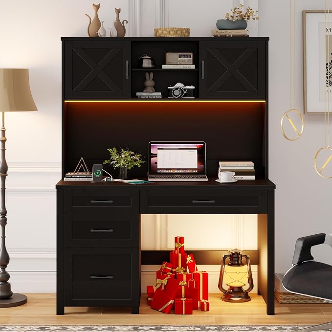Vabches Farmhouse 67" H Executive Desk with Hutch,Office Desk with 4 Drawers and LED Light, Wood Workstation for Home Office and Study, Computer Desk with File Drawers, Charging Station.Pure Black