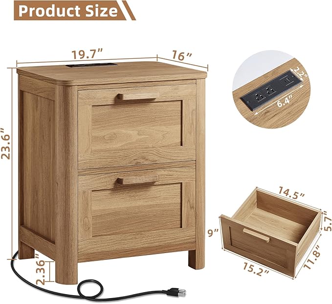 Farmhouse Nightstand Set of 2 with Charging Station, End Tables Bedroom with 2 Large Drawers & 4 Thickened Table Legs, Dark Wood