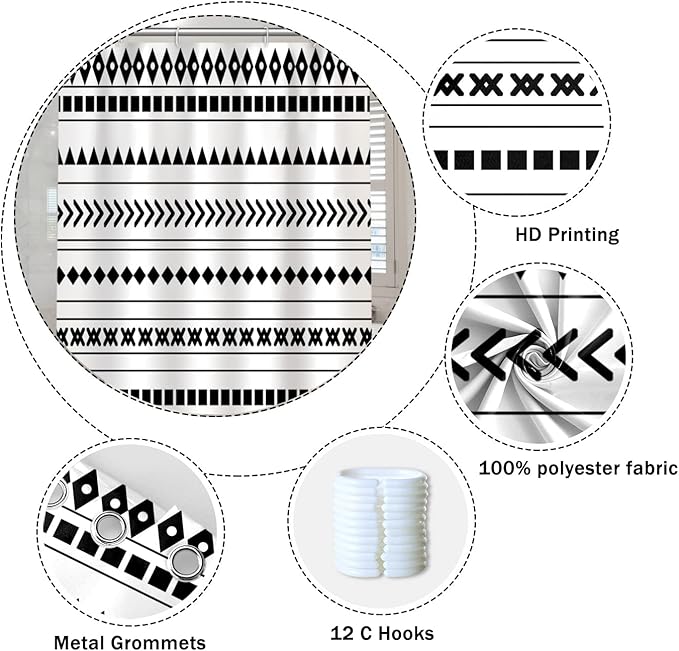 Black and White Fabric Bathroom Shower Curtain Boho Abstract Geometric Pattern Waterproof Polyester Shower Curtains for Modern Minimalist Artistic Aesthetic Home Decorative, 72x78 Inch