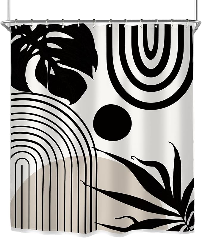 Miyotaa Minimalist Abstract Mid Century Shower Curtain Set 60Wx71H Inches Neutral Modern Geometric Aesthetic Contemporary Plant Polyester Waterproof Cloth Bathroom Curtain with 12 Hooks