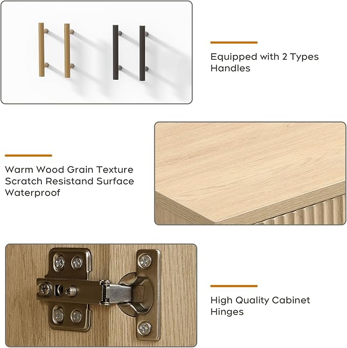 Yechen Accent Fluted Sideboard Buffet Cabinet with Storage and 4 Doors, Mordern Credenza Storage Cabinet with Adjustable Shelves, Media Console Table, for Living Room Dinning Entryway Kitchen/Oak