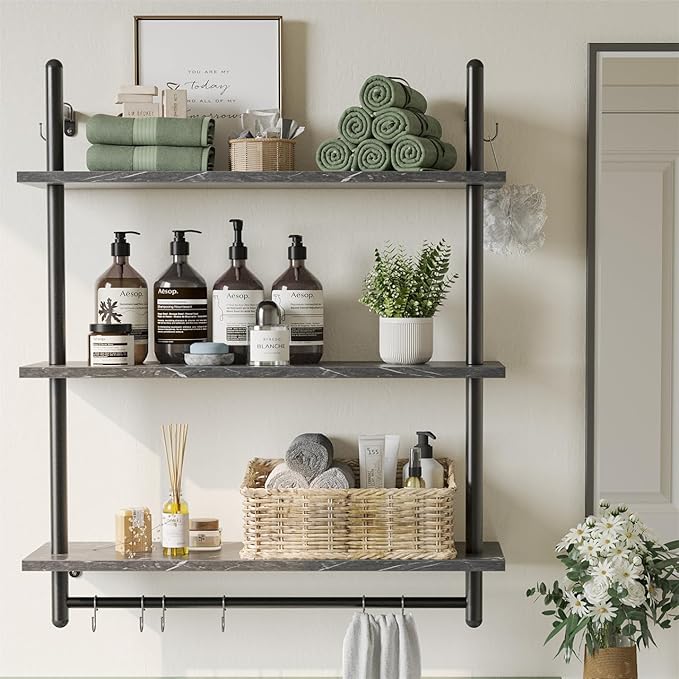 Bestier Floating Pipe Shelving, 31.5" Floating Kitchen Shelves Wall Mounted, 3 Tier Coffee Bar Shelf Ladder Bookshelf with Towel Bar Hooks for Kitchen Living Room Bathroom Bedroom, Black Marble