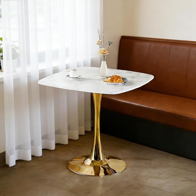 31.5 Inch White and Golden Square Dining Table for 2-4 Person,Mid-Century White Tulip Table Kitchen Dining Table with MDF Tabletop and Pedestal Base for Home Kitchen