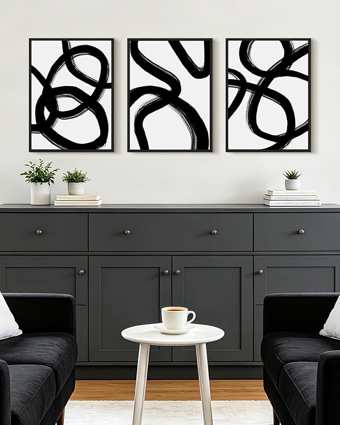 KUVIOKE Black and Gray Abstract Framed Wall Art Ink Wash Minimalist Lines Painting Artwork for Bedroom Hallway 12x16in (Black Framed)