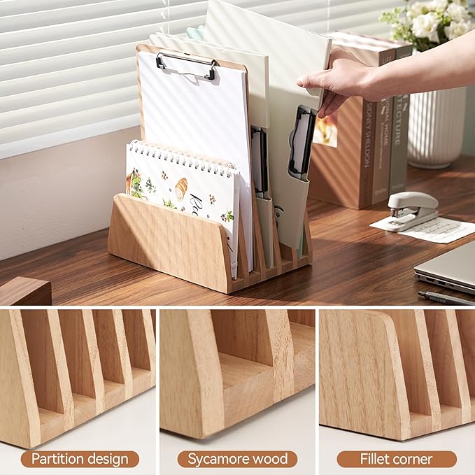 KIRIGEN Wooden Desk Mail Organizer, 5-Slot File Holder and Letter Sorter for Mail, Folders, Bills, Papers, Notebooks, Home Office, Classroom, Countertop, No Assembly, Natural 5KWJJ-NA