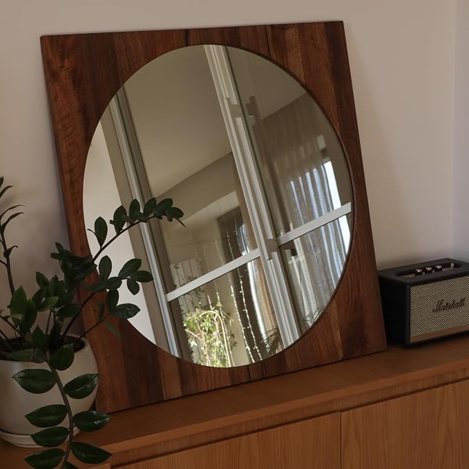 Walnut Wood Frame Round Mirror - 24" Wood Framed Mirror for Bathroom - Hallway Mirrors for Wall Entry - Mirrors for Entryway, Bedroom, Dining Room - Housewarming Gifts - Home Décor
