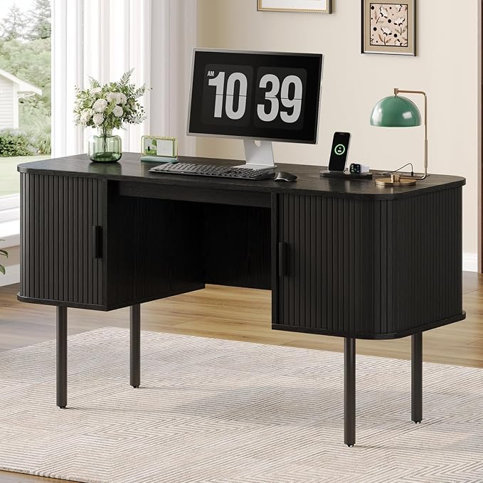 63 Inch Fluted Computer Desk with Power Outlets,Mid Century Wood Office Desk with Storge Cabinets & Sliding Door,Large Executive Desk for Office, Study, Living Room, Bedroom, Black