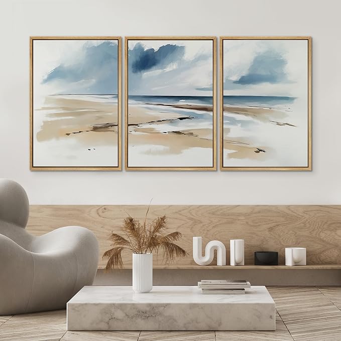 SIGNWIN Framed Canvas Print Wall Art Set Coastal Beach Horizon Blue and Tan Seascape Illustrations Modern Art Decorative Boho Relax/Zen Nordic for Living Room, Bedroom, Office - 16"x24"x3 Natural