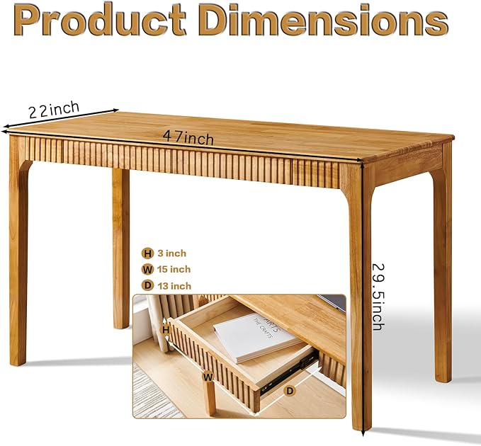Solid Wood Desk with Drawers, Light Wood Desk for Small Spaces, Small Writing Desk for Bedroom, Gaming Study Home Office Wooden Desks for Work, 47 inch Wood Computer Desk