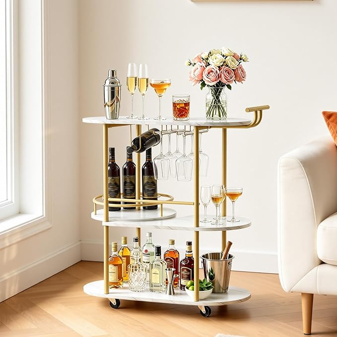 VEVOR Bar Cart, 3 Tiers Home Kitchen Serving Carts, Modern Round Rolling Utility Station on Wheels, Mobile Drink Beverage Trolley w/Wooden Shelf, Wine Rack, Glass Holder, for Living Dining Room, Gold