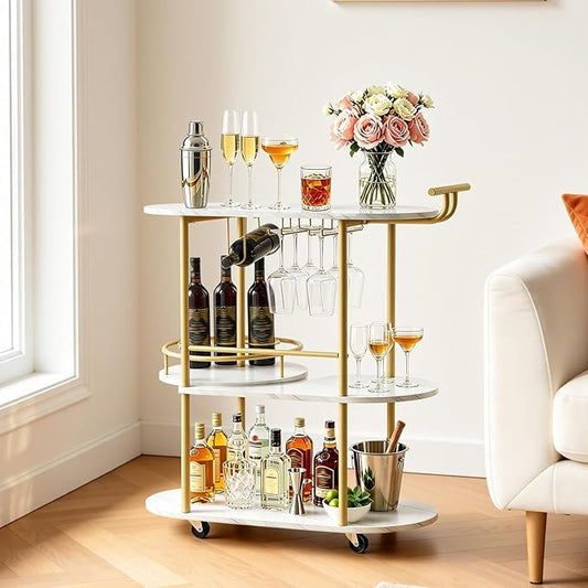 VEVOR Bar Cart, 3 Tiers Home Kitchen Serving Carts, Modern Round Rolling Utility Station on Wheels, Mobile Drink Beverage Trolley w/Wooden Shelf, Wine Rack, Glass Holder, for Living Dining Room, Gold
