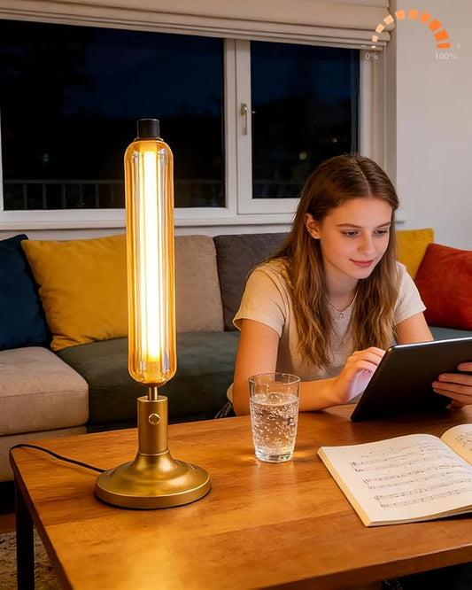 Lightdot Minimalist Table Lamp for Living Room, Mid Century Modern Farmhouse Bedside Lamps with Brown Glass Shade, 3000K Warmwhite Dimmable Nightstand Lamp for Bedroom-Gold