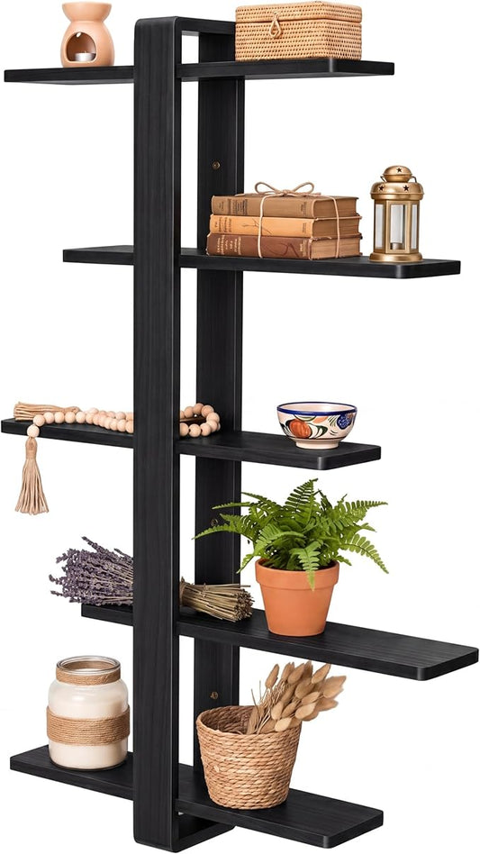 Pinkunn Floating Shelves for Wall, 5 Tier Wall Mounted Shelf Unit with 19.7 Inch Pine Wood Shelves and Black Frame, Decorative Plant Photo Book Display Shelf for Living Room Bedroom Bathroom