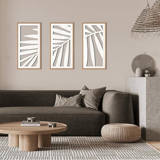 IARTTOP Tropical Palm Tree Leaf Wood Wall Art White Framed 8x16 Inch Set of 3 Hawaii Plant Leaves Wooden Wall Decor Minimalist Boho Artwork for Living room Bedroom Office