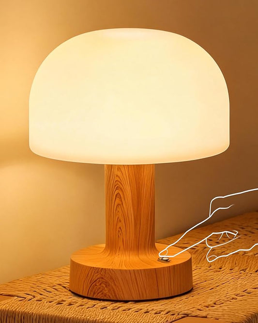 Cordless Mushroom Table Lamp,Mid-Century Modern Rechargeable Battery Operated Bedside Lamp,3 Color Modes & Stepless Dimming,Metal Base with Wood Grain Finish for Nightstand,Living Room,Cafe