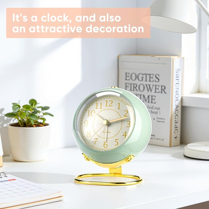 Analog Alarm Clocks,Retro Backlight Cute Simple design Small desk Clock With Night Light,Silent Non-Ticking,Battery Powered,For Kids,teens,Bedroom,travel,kitchen,Bedside Desk decor. (Nostalgic Green)