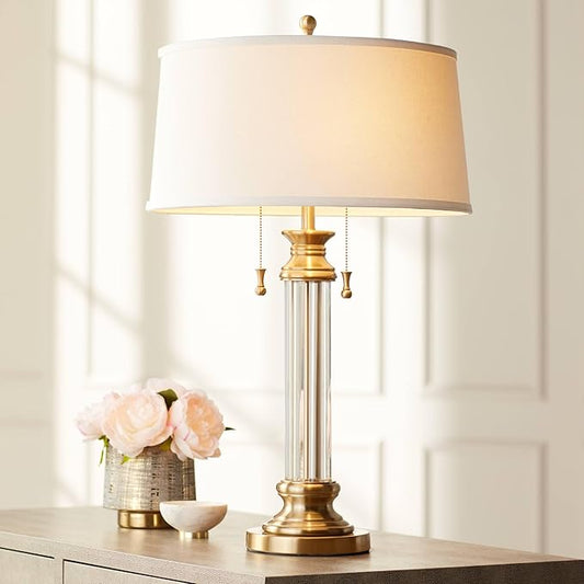 Vienna Full Spectrum Rolland 3-Way Table Lamp with Table Top Dimmer 30" Tall Antique Brass Crystal Column Off White Tapered Drum Shades for Living Room Bedroom House Bedside Nightstand Home Office