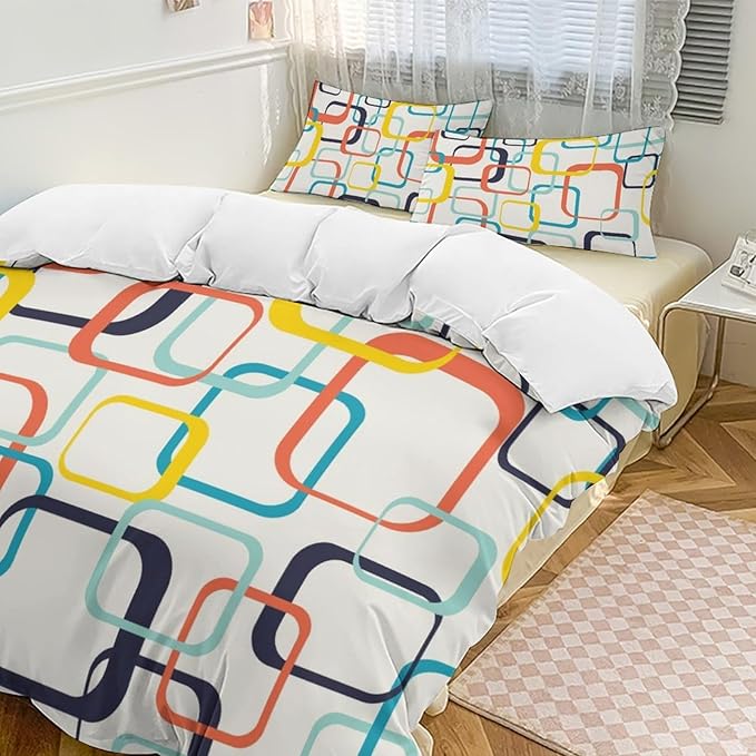 Mid Century Duvet Cover Sets Aesthetic Abstract Geometric Mid Century Retro Printed Lightweight Soft Quilt Cover Minimalist Soft Microfiber 3 Piece (1 Duvet Cover 90x90in + 2 Pillow Sham 20x30in)