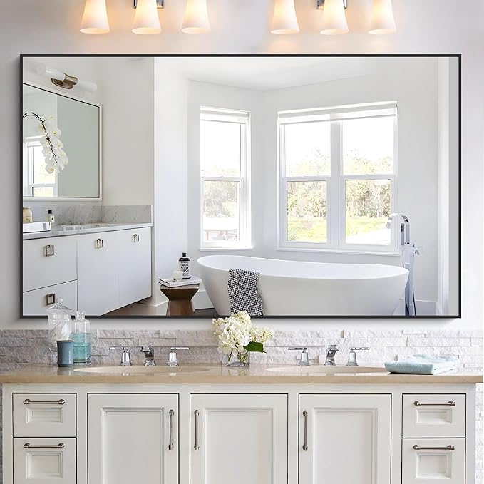 KOCUUY Black Bathroom Mirrors for Wall, 60x36 Large Rectangle Mirrors for Bathroom Sink, Oversized Wall Mirror Black Metal Framed Decor for Living Room, Farmhouse, Entryway, Hang Horizontal/Vertical