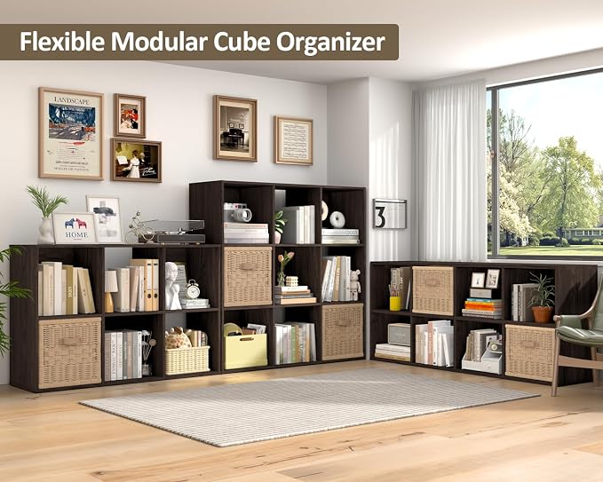 PrimeZone Stackable 6 Cube Storage Organizer: Wood Cubes Shelf Fits Cubby Bins - Square Cubicle Bookshelf Cabinet for Closet Bedroom - Open Storage Shelf for Toy Clothes Book Organization, Espresso