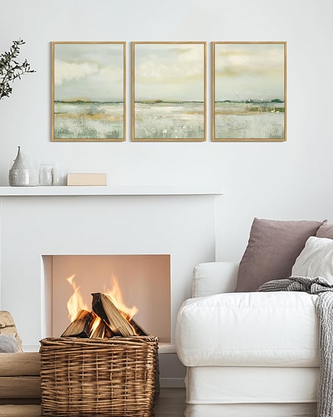 KUVIOKE Abstract Landscape Framed Canvas Wall Art Tan Green Pastel Wall Decor Modern Illustration Art Painting Nordic Calm for Livingroom Bedoom 12x16in (Natural Framed)